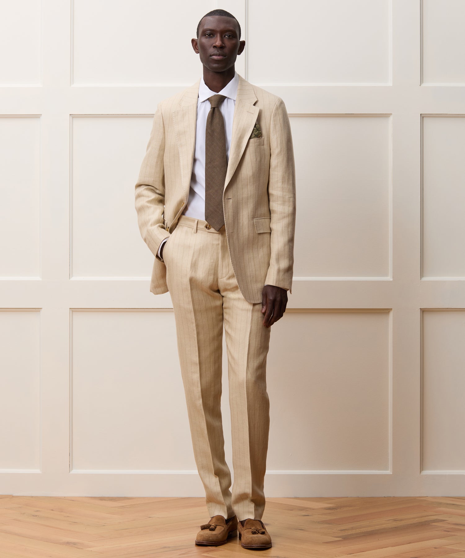 Italian Linen-Silk Sutton Jacket in Tan Pinstripe
