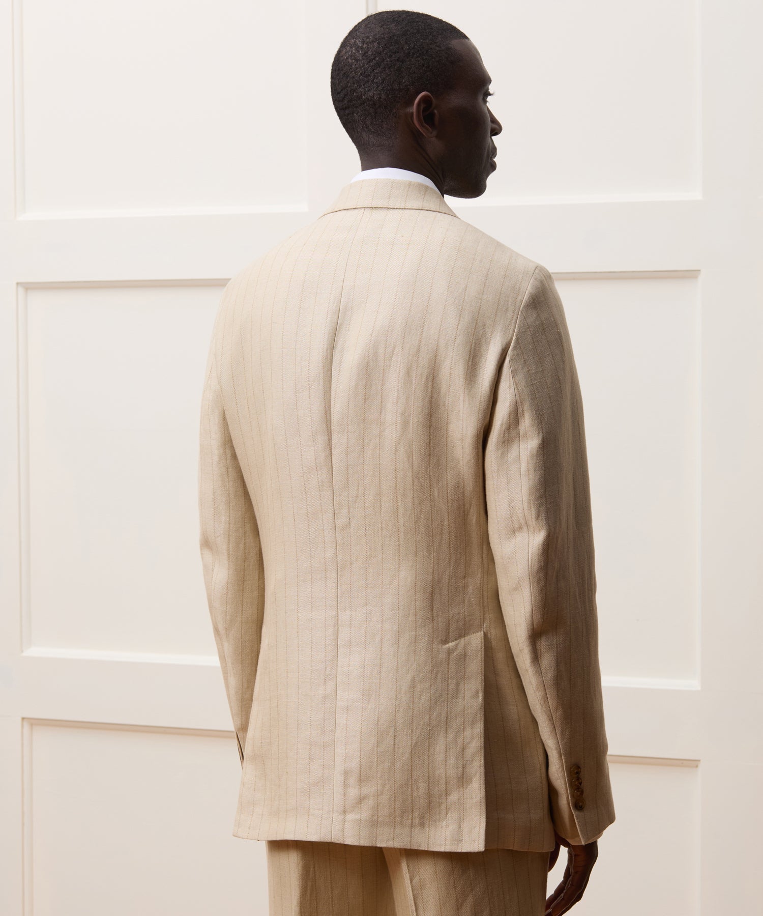 Italian Linen-Silk Sutton Jacket in Tan Pinstripe