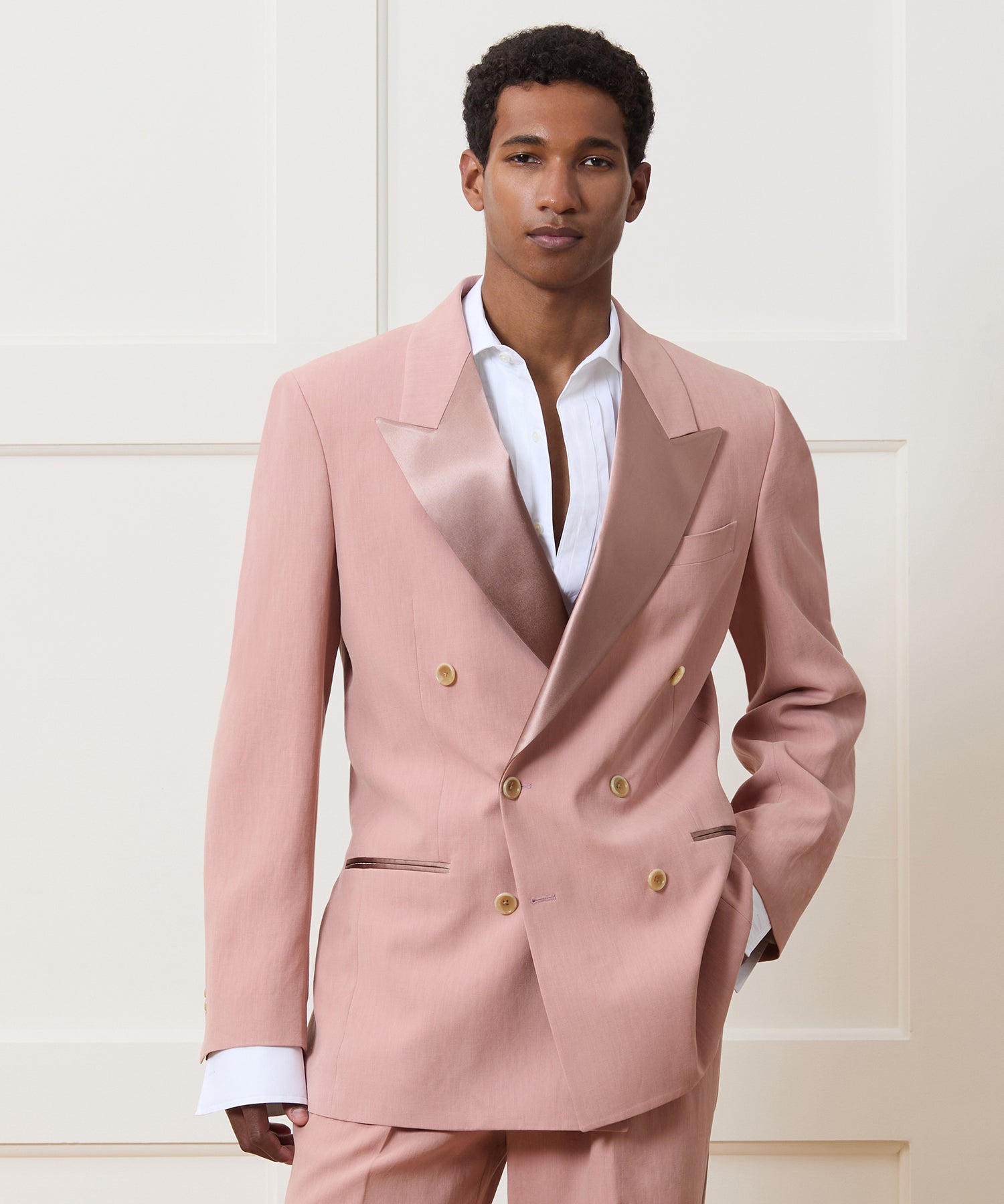 Relaxed Italian Sueded Linen Double-Breasted Tuxedo Jacket