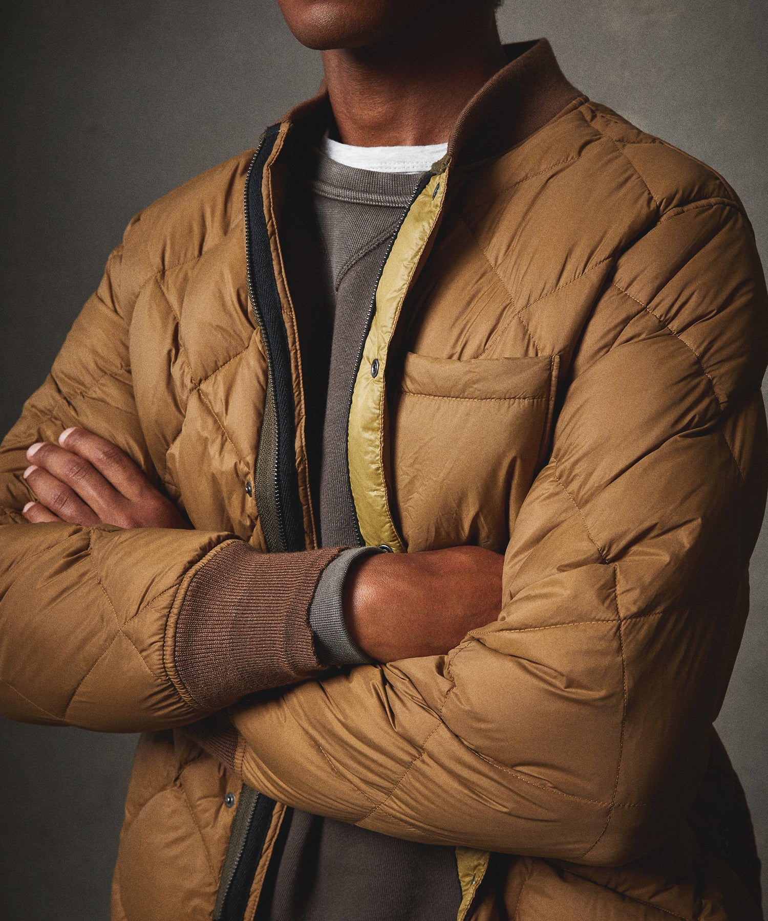 *Holding for F23* Italian Quilted Down Snap Bomber in Camel