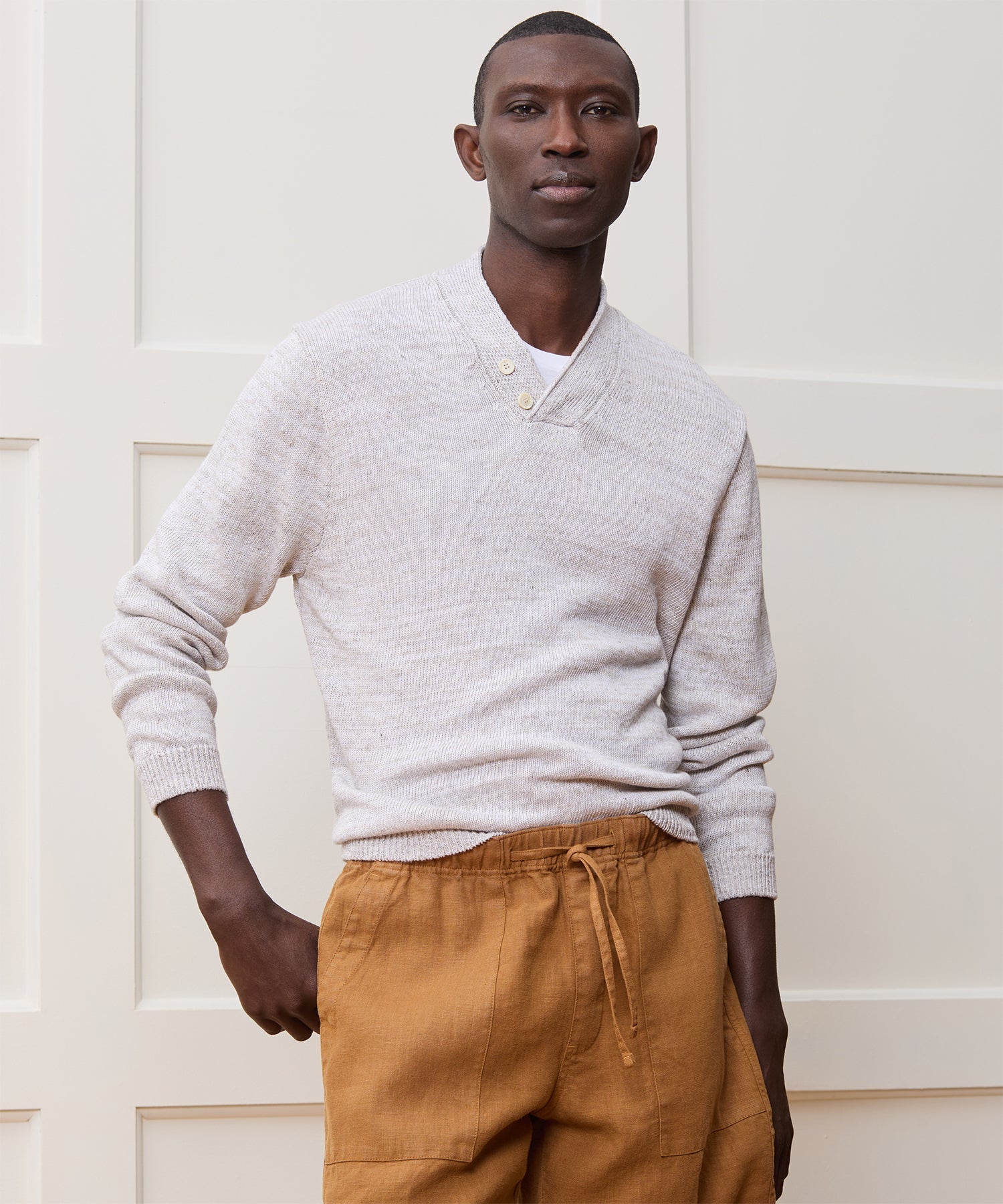 Inis Meáin Linen Hurler V-Neck Sweater in Silver Marl