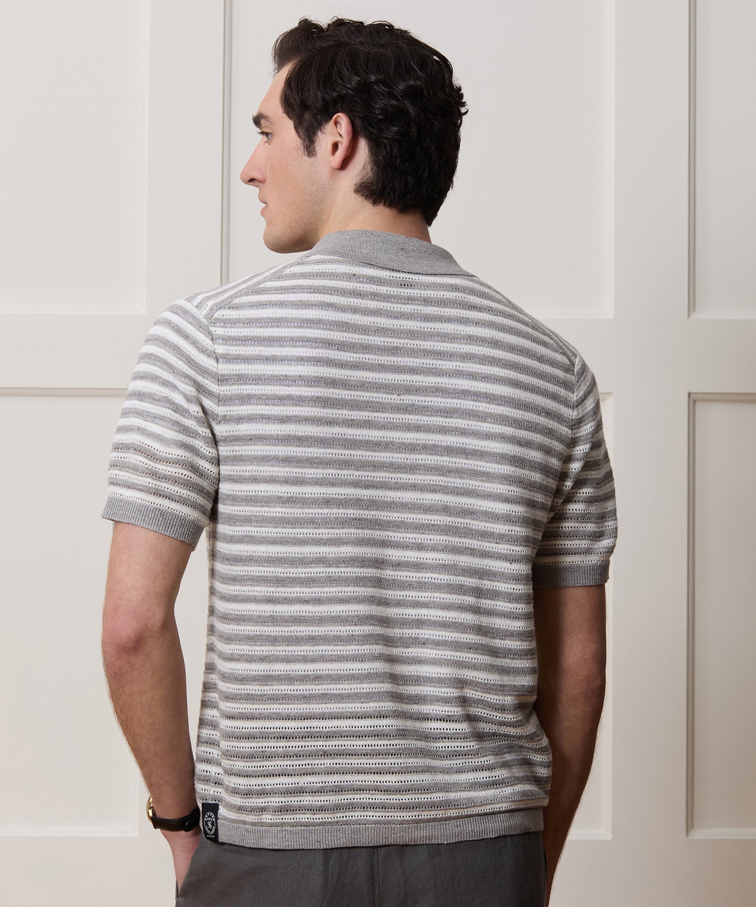 Cropped Pointelle Linen Sweater Polo